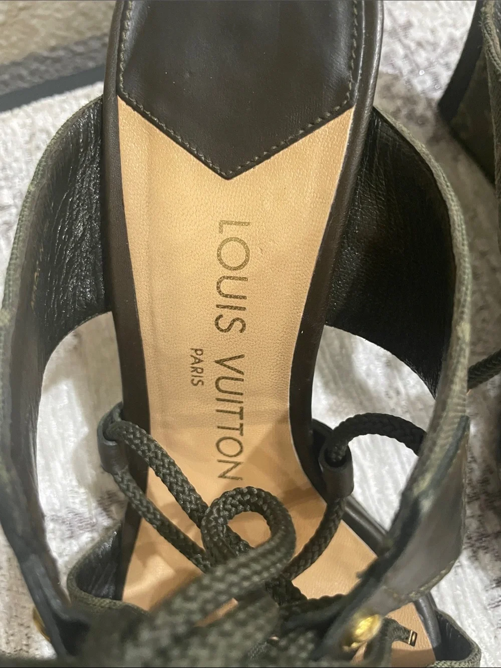 Louis Vuitton Olive Monogram Lace-Up Wedge Sandals with Gold Accents